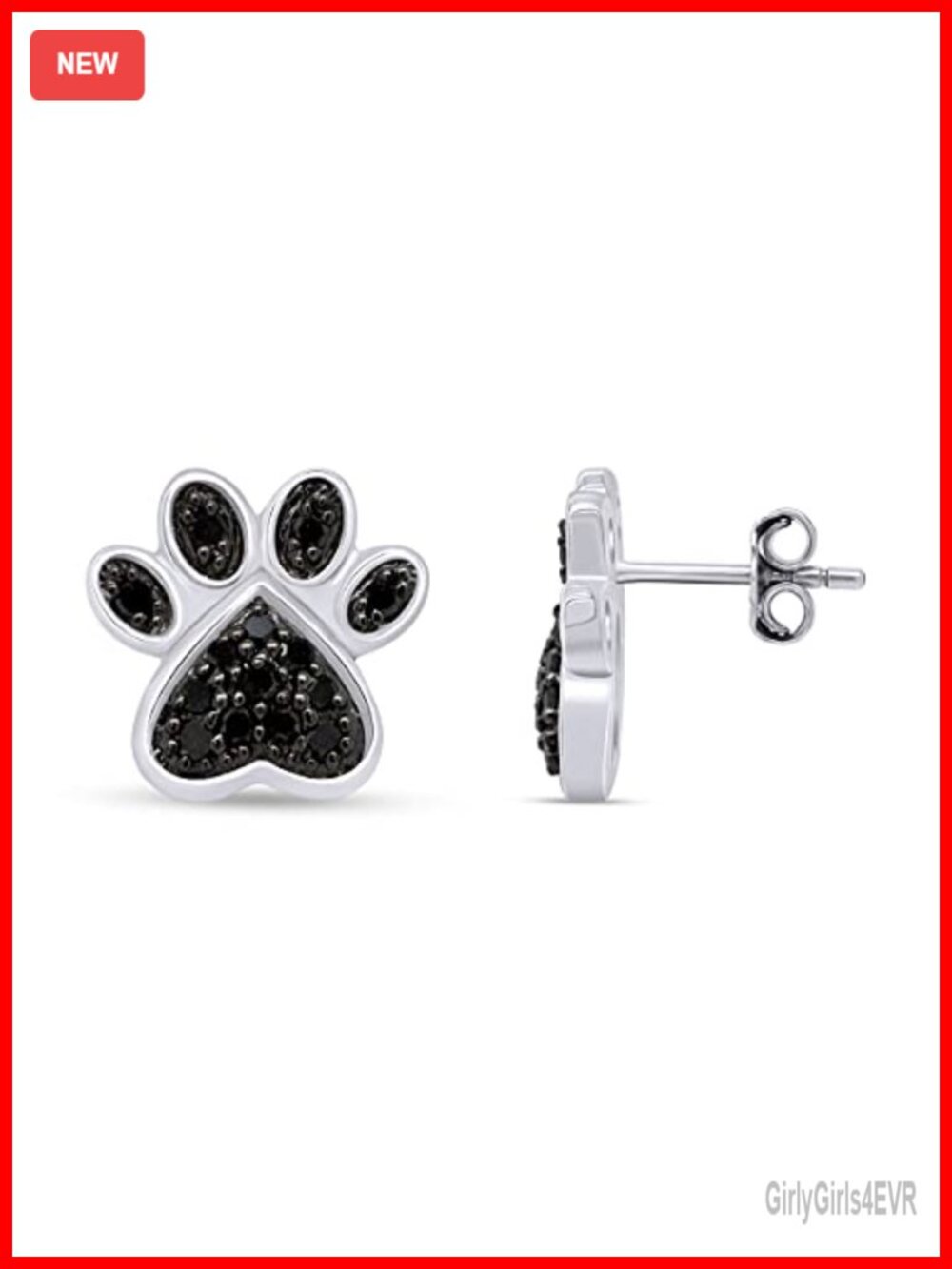 Paw Print Stud Earrings 14k White Gold Over Sterling Silver 0.25ctw Black
